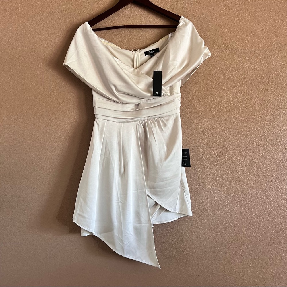 Lulus Always Celebrating Ivory Satin Off-the-Shoulder Mini Dress Size Small